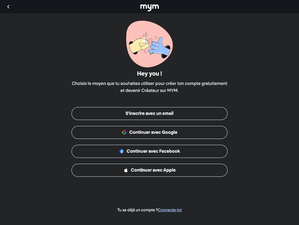 Écran MYM — choix du mode d'inscription (email, Google, Facebook, Apple)