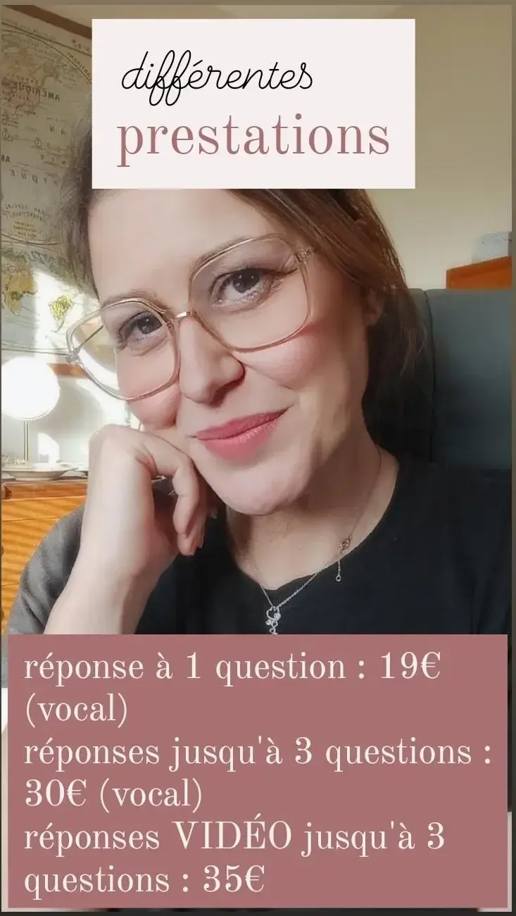Je met à votre disposition mon don et mon expérience pour répondre à vos questions (travail sur ressenti et avec oracles) , vous pouvez choisir la prestation qui vous correspond. Vous pouvez aussi poser une question au pendule, voir dans ma biographie)