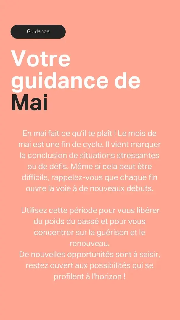 🌟 Votre guidance de mai vient d'arriver 🌟En mai fait ce qu’il te plaît ! 😎Le mois de mai est une fin de cycle et vas vous permettre de braver de nouveaux horizons et enfin y voir plus clairs. N'hésitez plus à faire du tri dans votre vie !Je vous rappelle que la guidance est générale est ne peux parler à tous le monde.#guidance #mai #médium