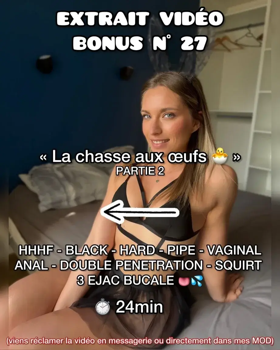 🚨Vidéo bonus 27 :‼️ EXCLU : PLAN à 4 - HHHFLa lapine se retrouve à vider 3 bonnes queues : 1 chocolat blanc et 2 chocolat noir ! Je me suis régalée ! Ils m’ont défoncé tous mes trous : bouche, chatte et cul. J’ai même eu droit à une double pénétration ! Wouuuuah c’est tellement bon. Pour finir, 3 doses de spermes dans ma bouches 😈