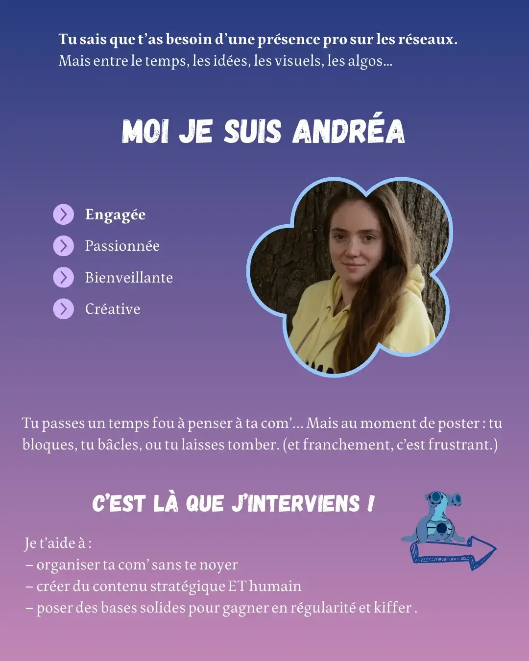 🎯 Tu veux une com’ qui claque, mais qui TE ressemble vraiment ?💥 Une com’ qui traduit ton univers, pas celui d’un template lambda ?Alors laisse-moi me présenter :Moi c’est Andréa, aka  AD Community Manager – la CM des marques qui veulent briller sans trahir leur vibe ✨💼 Je suis là pour :– traduire ton énergie en visuels et en mots– créer une stratégie éditoriale qui te ressemble– te libérer du « je poste quoi aujourd’hui ? »– et transformer ton feed en véritable aimant à clients 🚀🎨 Mon univers ?Un joyeux bazar d’inspiration, de couleurs et de niches que je chéris :💉 Tatouage – parce qu’un trait peut dire mille choses🎮 Gaming – pour les esprits compétitifs et créatifs✈️ Voyage – parce que la curiosité est un mindset💃 Danse – pour la fluidité, l’expression et le feu sacré🏍️ Moto – parce que je roule pour les marques qui osent👉 Je suis là pour les créateur·ices, les artistes, les marques audacieuses, les projets un peu zinzins mais ultra alignés.Ceux qui veulent une com’ qui a du sens, du style et surtout... de la sincérité.🔵 Ici, pas de bullshit.Juste de la bonne humeur, du travail bien fait, et une vraie stratégie.Tu veux qu’on en parle ? 💬#CMcréatif #PersonalBranding #CommunityManagerFrance #ComAuthentique #MarqueDeValeurs #SocialMediaWithSoul #UniversSingulier #TattooLovers #GamingVibes #VoyageuseDigitale