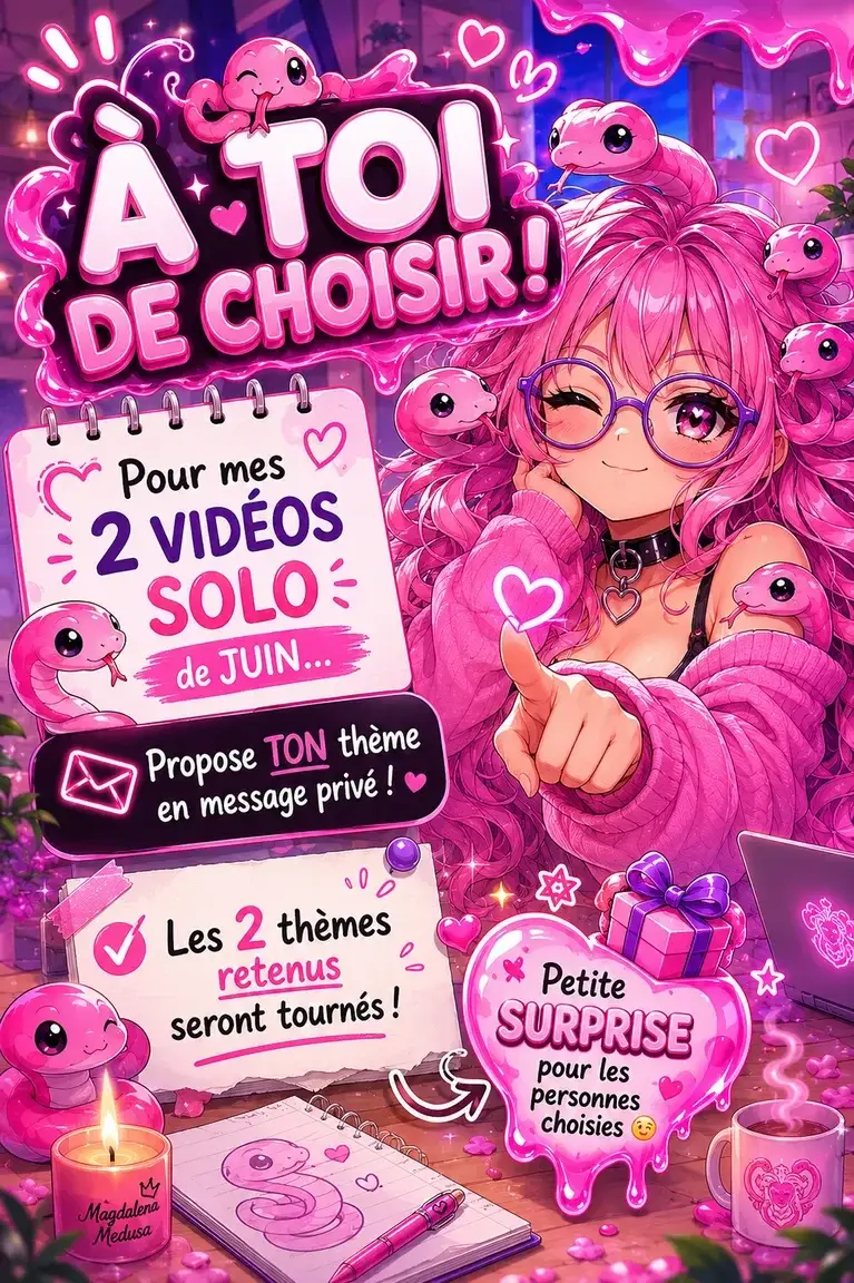 🚨 Vos idées = mes prochaines vidéos 😈Je vais tourner 2 nouvelles vidéos solo 🔥Et cette fois, ce sont les abonnés qui choisissent les thèmes 👀Si tu veux avoir ton mot à dire (et peut-être une surprise 👀), c’est le moment de me rejoindre 🖤Alors… tu me proposes quoi ? 😏👉 Viens t’abonner et propose ton idée.#Libertinage #Geekette #FrenchModel #MYMfans #SexyVibes #AlternativeGirl #NerdGirl #FrenchCreator #PinkAesthetic #DarkFeminine #TattooedGirls