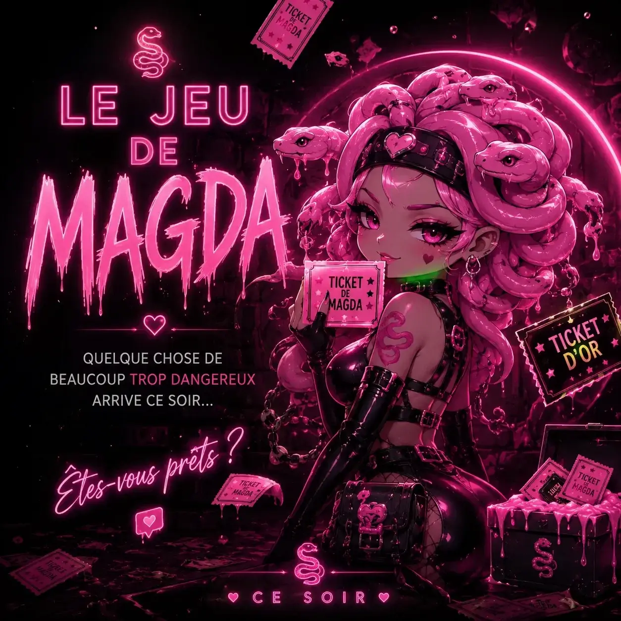 🐍 J’ai préparé quelque chose de beaucoup trop dangereux pour ce soir… 😈🎟 Tickets rares🖤 Tickets d’Or🎁 Récompenses secrètes👀 Et un boss final collectif…Je ne pensais pas ouvrir ce jeu avant plus tard mais tant pis 😳Les abonnés auront accès au Jeu de Magda ce soir 🐍
