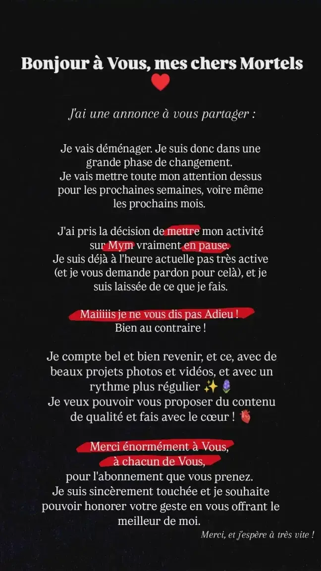 Je vous demande d'accorder un petit temps pour la lecture de ce post  🙏..Merci beaucoup pour tout le soutient que vous m'offrez. Je vais revenir de plus belle ! 🌹🩸Voyez cette pause comme un : "en cours de construction"....Merci ! Merci! Merci !