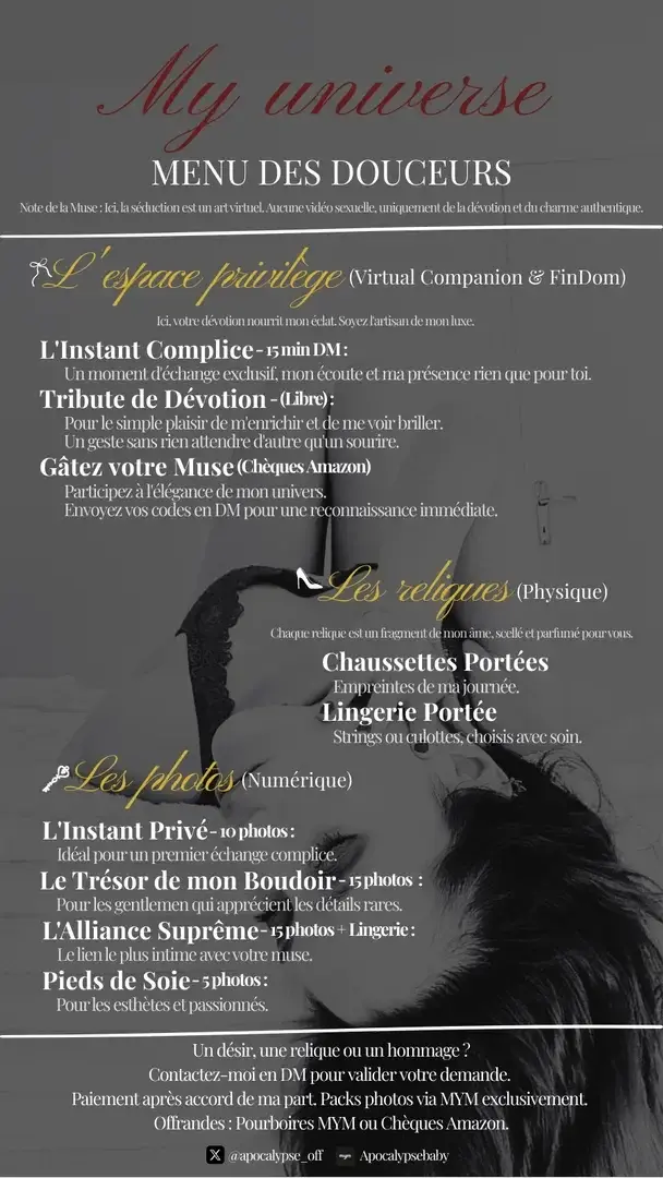 Le voile se lève sur mon sanctuaire... ✨🕯️​En tant que votre Muse et Déesse, je vous ouvre les portes de mes rituels privés. Ce Menu des Douceurs n'est pas qu'une liste de services, c'est un chemin vers une connexion plus profonde.​L'Instant Complice : Une communion de 15 min en DM. 💬​Les Reliques Sacrées : Mes étoffes les plus intimes, imprégnées de mon essence. 👠​Tributes de Dévotion : Pour ceux qui souhaitent nourrir mon éclat par une offrande libre. 💎​Choisissez votre manière de m'honorer, puis venez me murmurer votre choix en DM. 👄🍎​#Wicca #Goddess #RedHead #Findom