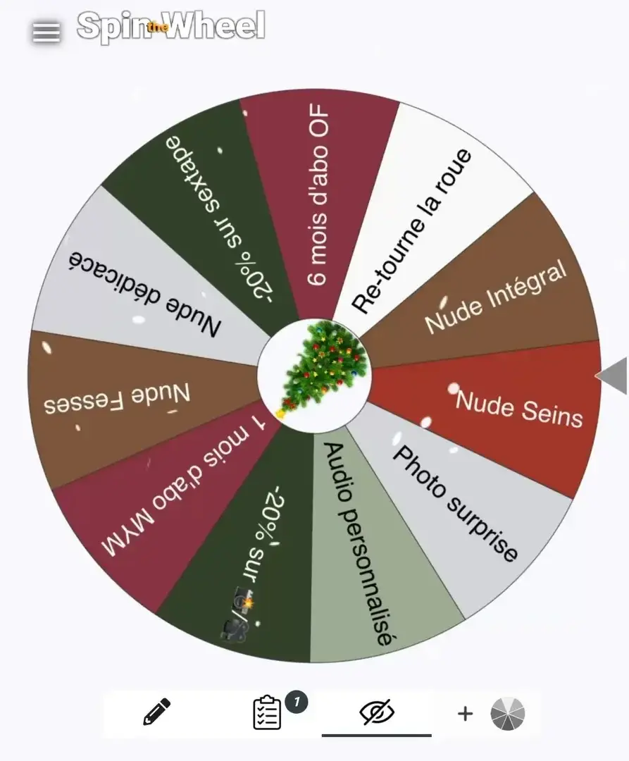 Aujourd’hui c’est un jour très spécial.. pour fêter mon anniversaire et Noël, je te laisse tourner la roue du CUL 😈Un tips de 20€ et tu repars avec ton cadeau bien chaud 💦-> viens en privé