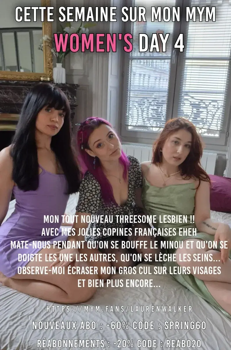 Leak & nude MYM — Laurenwalker : « Hey mes chats 💜 Cette semaine sur mon mym, je vous poste mon tout nouveau threesome lesbien avec mes deux nouvelles copines françaises 🙈On a filmé une magnifique scène de sexe hyper passionnée et intime toutes les trois quand je leurs ai rendu visite, et c'était juste INCROYABLE 🫠On se bouffe le minou et on se doigte les unes les autres jusqu'à l'orgasme, on se lèche et se caresse les seins, je fais du face sitting avec mon gros cul, on joue ensemble... Et plus encore à découvrir dans cette scène de folie 😌La vidéo et les photos arrivent toute la semaine, bon visionnage 👀🌸NOUVEAUX ABONNÉS : L'abonnement à mon mym à seulement 3,99€ avec le code : GAME3🌸RÉABONNEMENT : -20% sur les abonnements avec le code : REABO20 » (MYM)