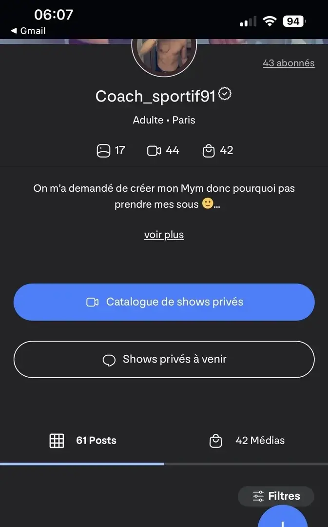 Leak & nude MYM — Coach_sportif91 : « Statistique : J’ai eu au maximum 43 intéressées/abonnées :) Réabonnez-vous les amies. Les 43 intéressées/abonnées étaient satisfaits, contenus exclusifs disponibles à l’abonnement sextapes/nudes et réponse rapide au messages privés :) » (MYM)