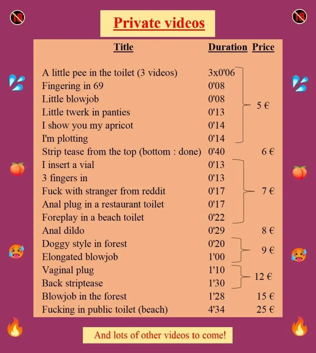Here is the list of my private videos 🔥 just send me a quick message if you want one to make you feel good 🥵