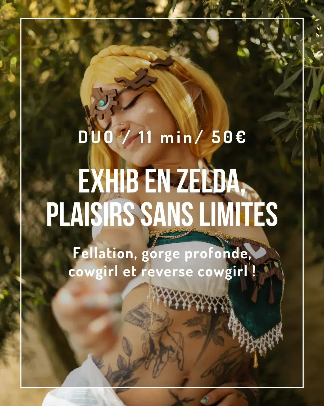 Zelda en extérieur, plaisirs sans limites :Dans le jardin du château, Zelda cède à ses envies les plus secrètes…Mais elle n’est pas seule. Son fidèle chevalier l’observe, et très vite, la tentation devient trop forte 😋Elle décide alors de lui faire plaisir, sans retenue, en lui offrant sa bouche puis son corps 😏-Au programme :- Plus de 10 minutes de sextape- Masturbation avec gros gode- Fellation et gorge profonde- Positions cowgirl et reverse cowgirl- Éjaculation sur mes seins et mon visage-Une vidéo tournée en extérieur, où Zelda se lâche complètement 🥰Débloquable pour 50€ en messagerie ou directement sur mon site mlleylla.fr 💛✨