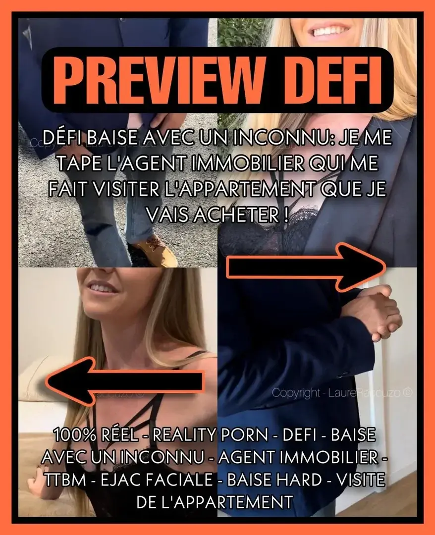 DÉFI INCONNU AGENT IMMOBILIER 🏠Un collaborateur qui a une agence immobilière rentre un nouveau bien qui m’intéresse, il m’envoie son nouvel agent pour me le faire visiter! Vous vous doutez bien que ça m’a donner des idées 😏 Habillé avec un legging en cuir qui moule bien mon cul 🍑 et un petit haut sexy je me rend à l’appartement 🙂 après plusieurs allusions, je lui demande si ça le tente de « tester » l’appartement et plus précisément le lit avec moi 🫣 Je commence par sortir mes gris seins de mon haut, je lui fait toucher pour le chauffer, puis je dégraffe son pantalon pour sortir son ÉNORME QUEUE 🍆😱 je le suce baveusement, lui tend une capote, pour qu’il vienne démonter ma petite chatte avec son gros engin 😈 Il m’a retourner dans tous les sens, il m’a bien défoncée ma petite chatte et claquée mon cul avant de cracher son sperme bien épais sur mon visage de petite chi*nne! Une grosse faciale pour terminer cette visite d’appartement 💦💦