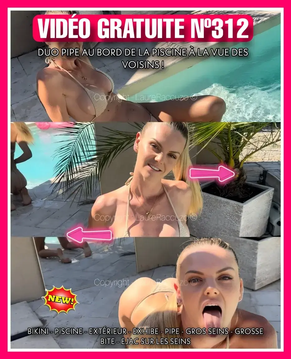 Vidéo gratuite pour tous mes abonnés 🎁 - Pipe au bord de la piscine à la vue des voisins ! Il me rejoint pendant que je suis en train de bronzer mais j’ai très envie de lui sucer la queue ! Je fais ma petite chi€nne à 4 pattes devant le mirroir pour l’exciter, je sors sa bite, et je le suce baveusement 💦 je le branle, je prend sa queue au fond de ma gorge, je crache dessus… je le rend bien dure jusqu’à le faire complètement craquer ! Il finit par gicler son sperme tout chaud sur mes gros seins 🙈