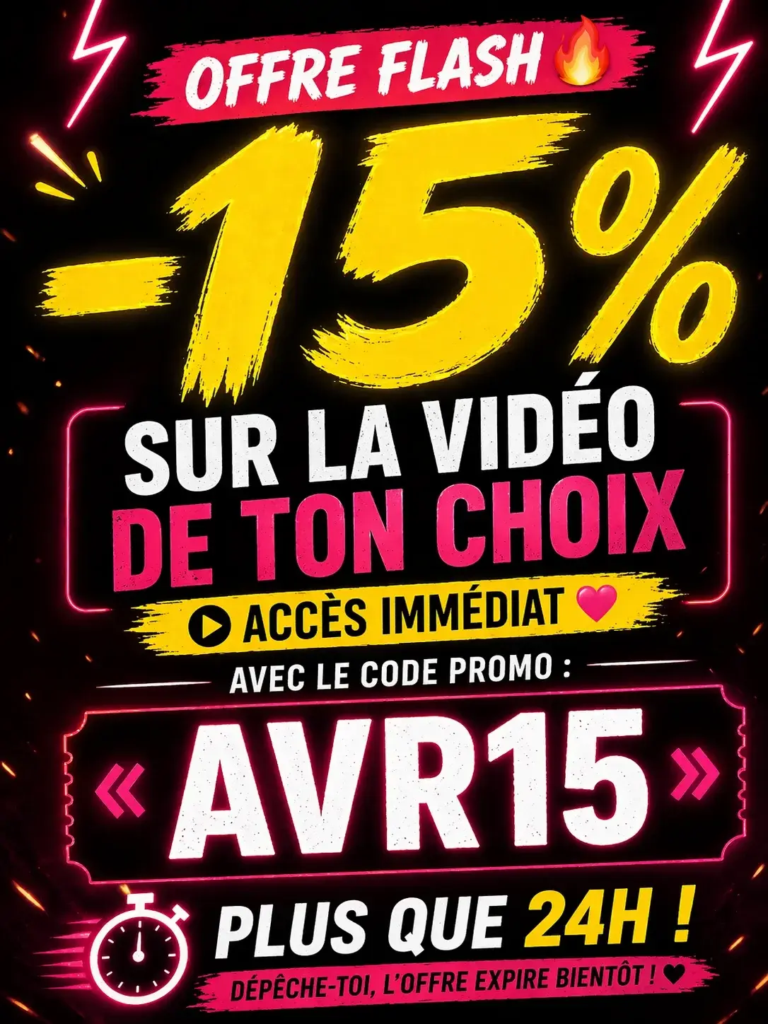 🎁 Profite de -15% sur la vidéo de ton choix avec le code : «AVR15 » 🎁⚠️ Dépêche toi, l’offre expire bientôt ⚠️